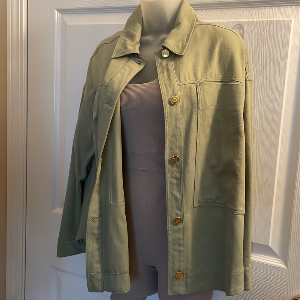 Zara Green Gold Shacket Oversized Jacket Button Down XS